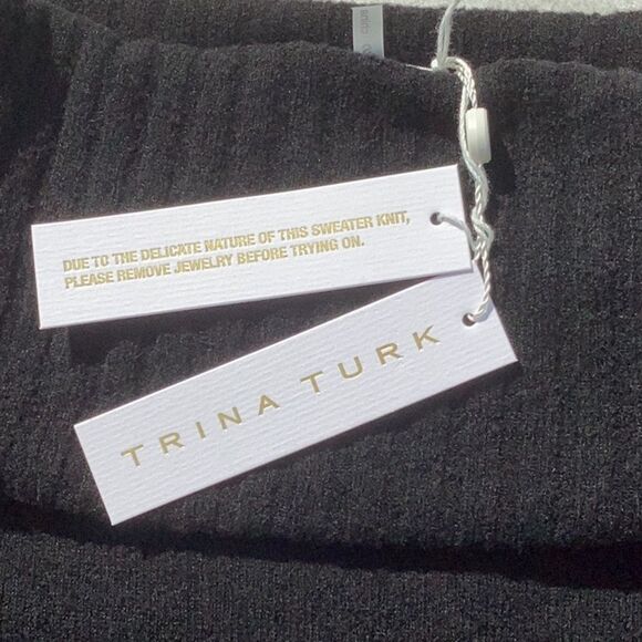 TRINA TURK NWT WOOL BLEND KNIT LIGHT WEIGHT SWEATER BLACK OFF THE SHOULDER SMALL - Picture 7 of 9
